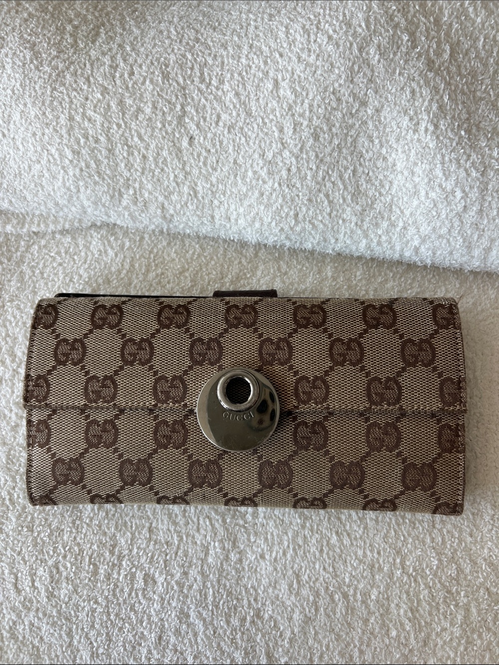 Gucci Beige and Brown GG Canvas Continental Wallet with Signature Snap